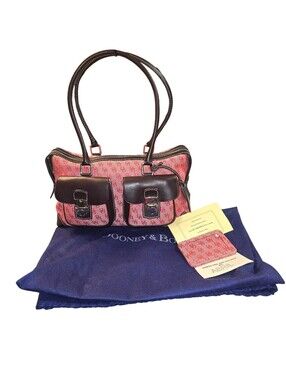 Dooney & Bourke Red Canvas Shoulder Bag with Brown Leather Trim And Card Holder